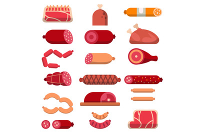 Various products of butcher shop. Vector flat illustrations of meat