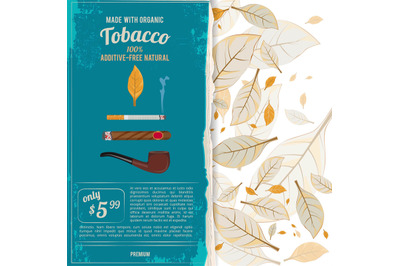 Background illustrations with tobacco leafs, cigarettes and various to