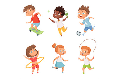 Various kids in active sports. Vector characters isolate on white back