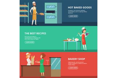 Horizontal banners of various characters bakers at work