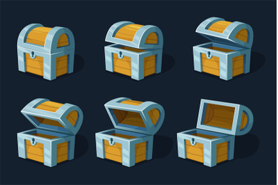 Various key frames animation of wooden chest or box. Vector cartoon pi