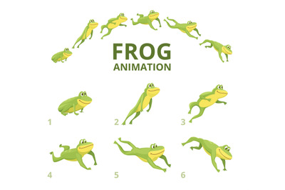 Frog jumping animation. Various keyframes for green animal