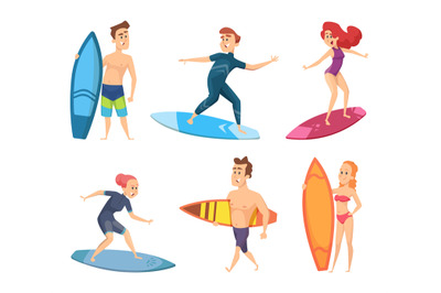 Surf characters. Vector design of summer mascots