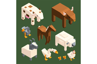 3D low poly animals. Vector isometric farm animals isolate