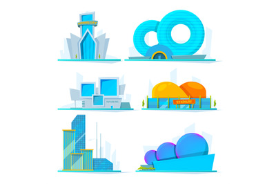 Fantastic buildings of future. Vector cartoon pictures