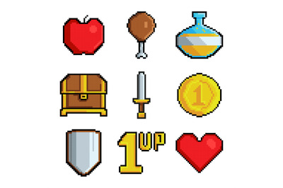 Pixel games icons. Various stylized symbols for video games