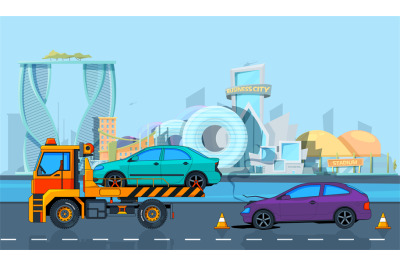 Transport accident in Urban landscape. Vector background in cartoon st