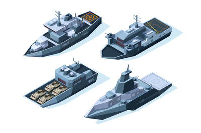 Isometric warships. Vector military boats isolated on white