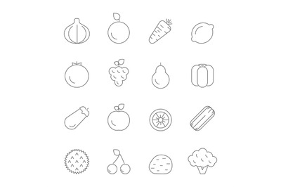 Various icons of fruits and vegetables. Vector linear pictures