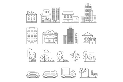 Buildings and urban objects. Vector linear pictures of cars&2C; house and