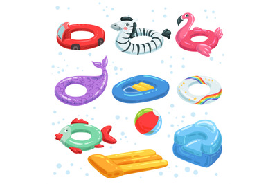 Various rubber equipment for water park. Vector pictures of inflatable