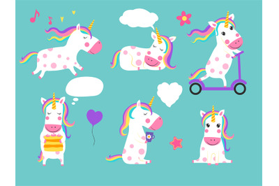 Cute vector unicorns of set. Cartoon characters isolated