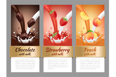 Fruits and chocolate splashes. Vector template of advertising banners