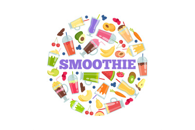 Smoothie cocktails in circle. Vector summer background isolate on whit