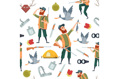 Duck hunters pattern. Seamless background with cartoon pictures and sy