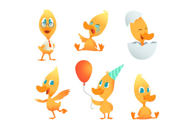 Illustrations of funny duck. Vector cartoon animals in action poses