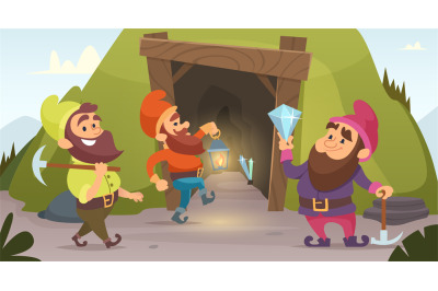 Dwarves in the mine. Vector characters of dwarves which mine golden ro