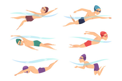 Swimmers at various poses. Cartoon sport characters in poll action pos