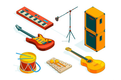 Isometric music tools. Vector pictures instruments of musicians