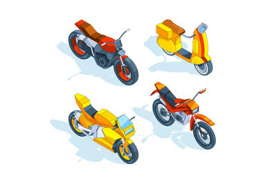 Motorcycles isometric. 3d vector pictures of transport