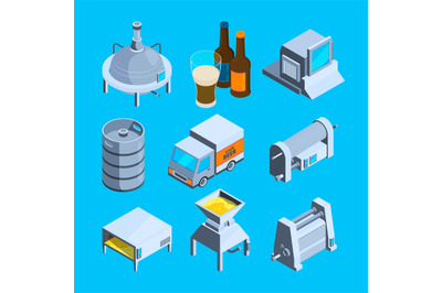 Beer production isometric. Vector tools of brewery