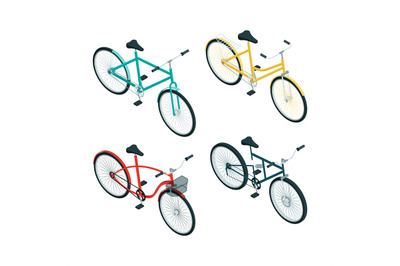 Bicycles isometric. Various types of bikes on white