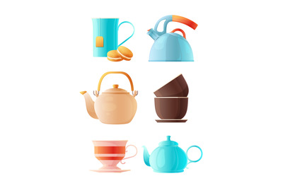 Teapots set. Vector cartoon pictures of cup of tea and various kettles