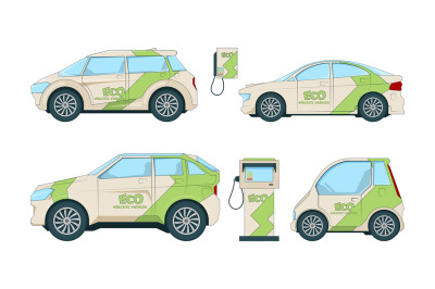 Electric cars. Various cartoon eco cars isolate