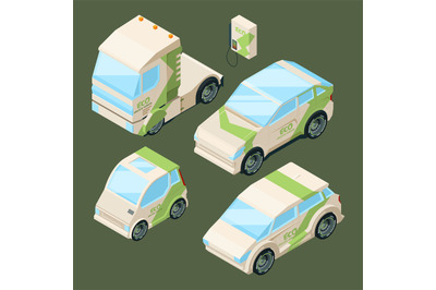 Isometric electric cars. Various eco cars isolated