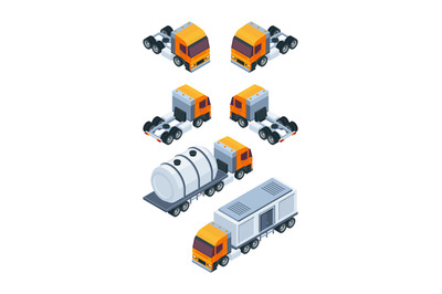 Trucks isometric. Pictures of various freight and cargo transport