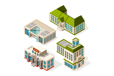 School buildings. Isometric 3d pictures of school or institute buildin