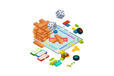 Composition of various boards games. Isometric background pictures of