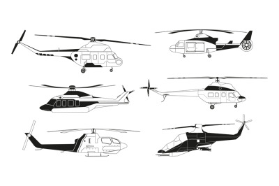 Black helicopters silhouettes. Vector pictures of avia transportation