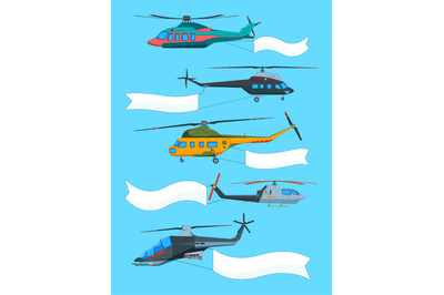 Flying helicopters with banners. Advertizing banners on avia transport