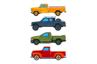 Vector pickup trucks. Various illustrations of transport