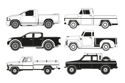 Pickup truck silhouettes. Black pictures of various automobiles