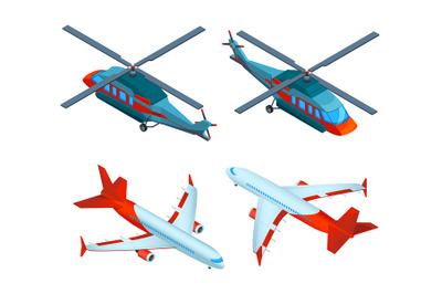 Helicopters isometric. 3d pictures of avia transport. Airplanes and he