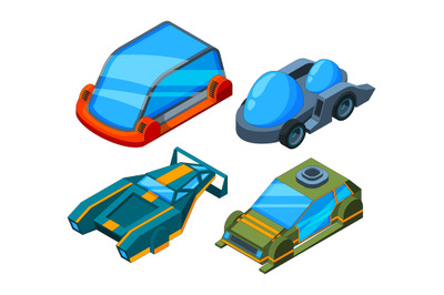 Futuristic isometric cars. Vector 3d low poly futuristic automobiles