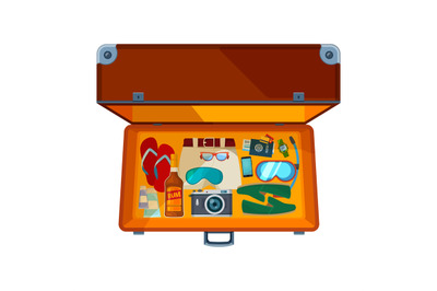 Open suitcases. Illustration of open suitcase with various clothes for