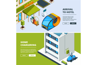 Futuristic transport and robots. Banners template with isometric low p