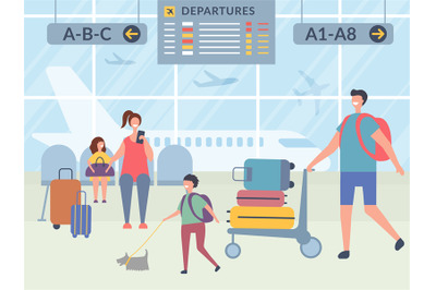 Characters in airport terminal. Vector illustrations of happy travelle