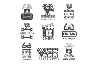 Video labels set. Cinema production badges in monochrome style