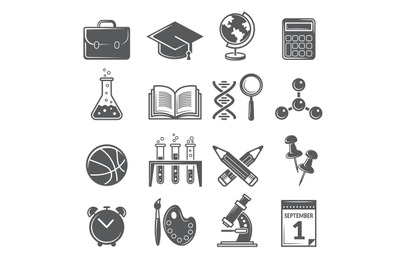 Back to school icons. Monochrome school symbols isolate