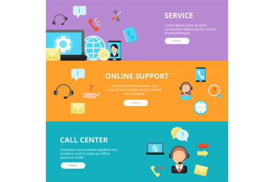 Banners set of call center support. Horizontal banners template with o