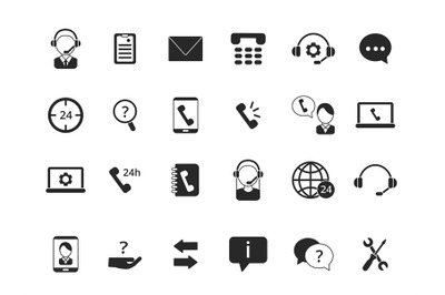 Black symbols of online support. Icon set of call center isolate on wh
