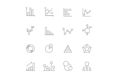 Icons of charts and diagrams. Mono line pictures of various business d