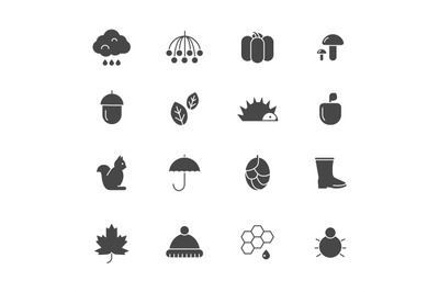 Autumn black icons. Various silhouettes of autumn symbols