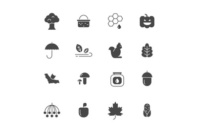 Autumn symbols. Vector monochrome icons set of autumn