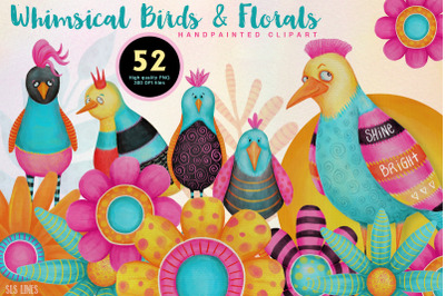 Colorful Whimsical Birds &amp; Flowers