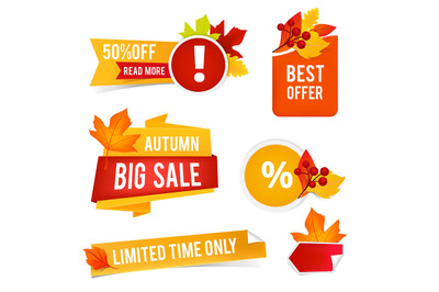 Autumn offer sales. Vector badges and stickers for advertizing